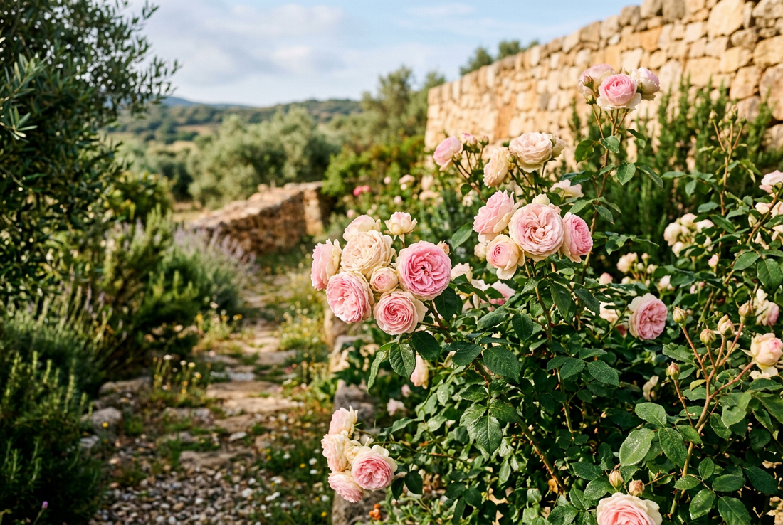 Illustrazione fotografica generata con IA di rose in un giardino mediterraneo
